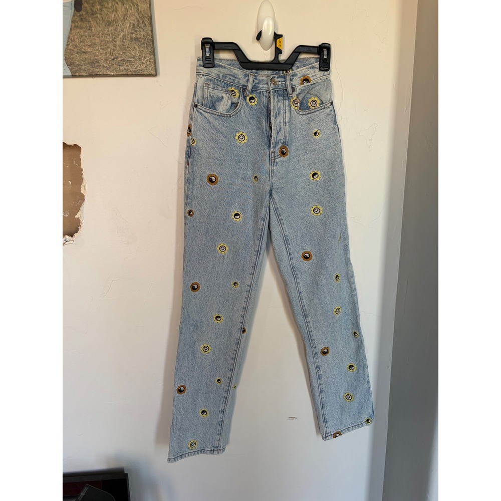PacSun Dad Jeans Light Wash Embroidered Yin Yang Smiley Sunflower Denim Size 23